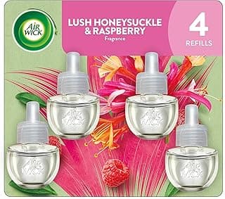 Air Wick Plug In Scented Oil Refill, Infused with Essential Oils, Plug In Air Fresheners for Home, Honeysuckle & Raspberry, 4 ct